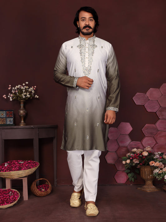 Jyoti Fashion Men's Mehendi Sequins Embroidered Kurta with Pajama