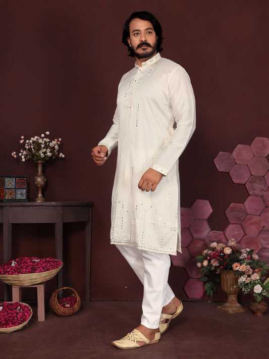Jyoti Fashion Men's White Mirror Embroidery Kurta with Pajama