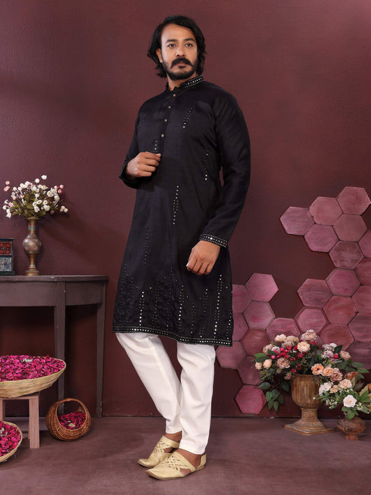 Jyoti Fashion Men's Black Mirror Embroidery Kurta with Pajama