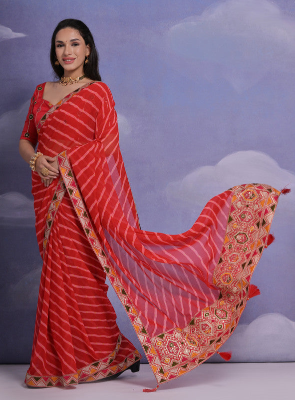 Jyoti Fashion Women's Red Coding Sequence Georgette Saree with Blouse