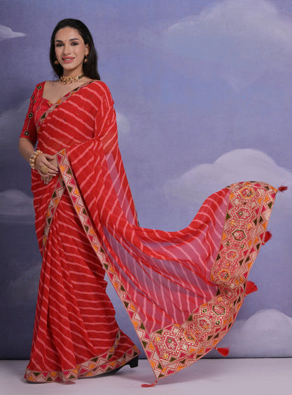 Jyoti Fashion Women's Red Coding Sequence Georgette Saree with Blouse