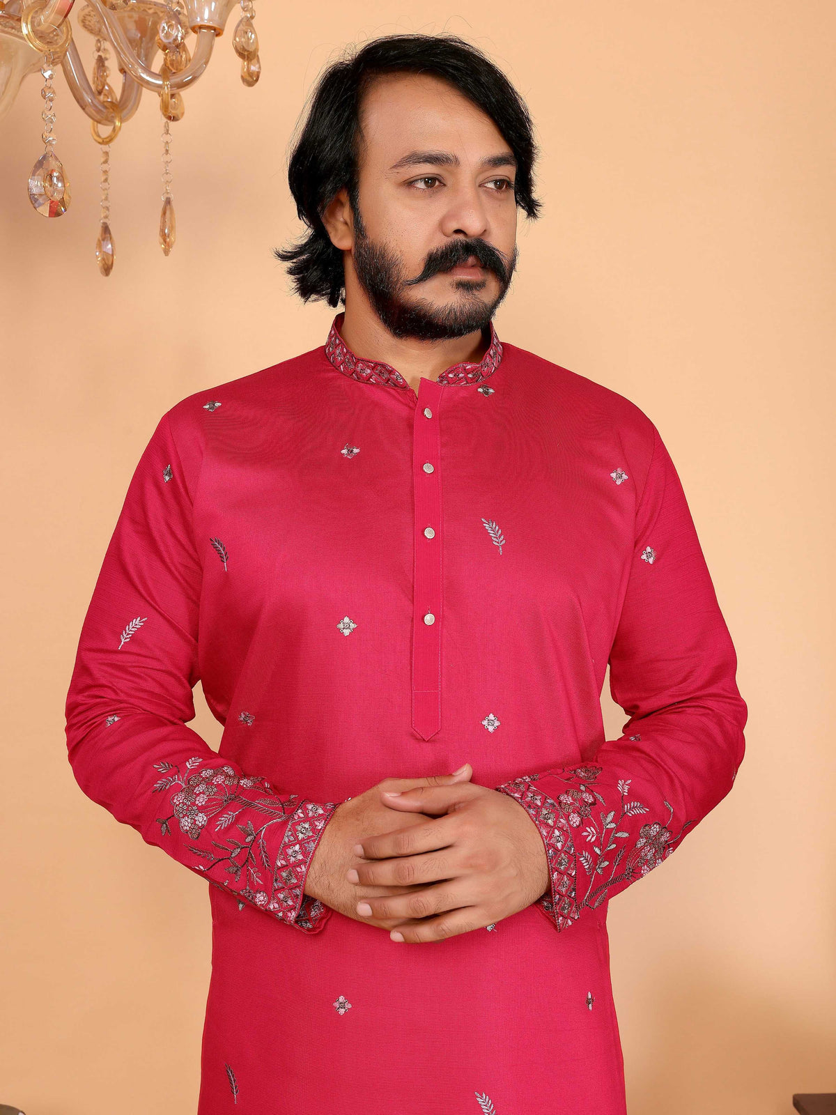 Jyoti Fashion Men's Pink Sequins Embroidered Kurta with Pajama