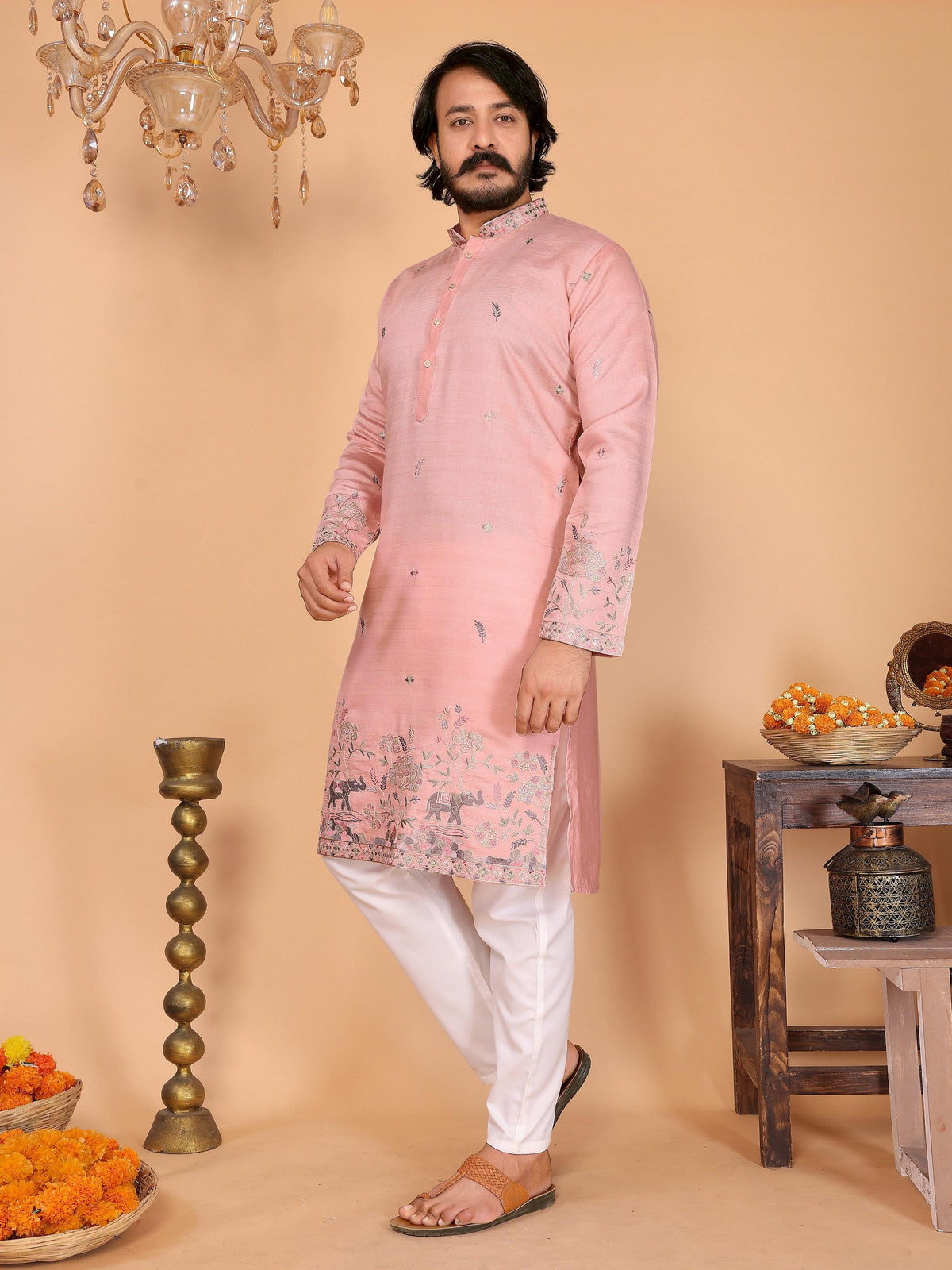 Jyoti Fashion Men's Peach Sequins Embroidered Kurta with Pajama