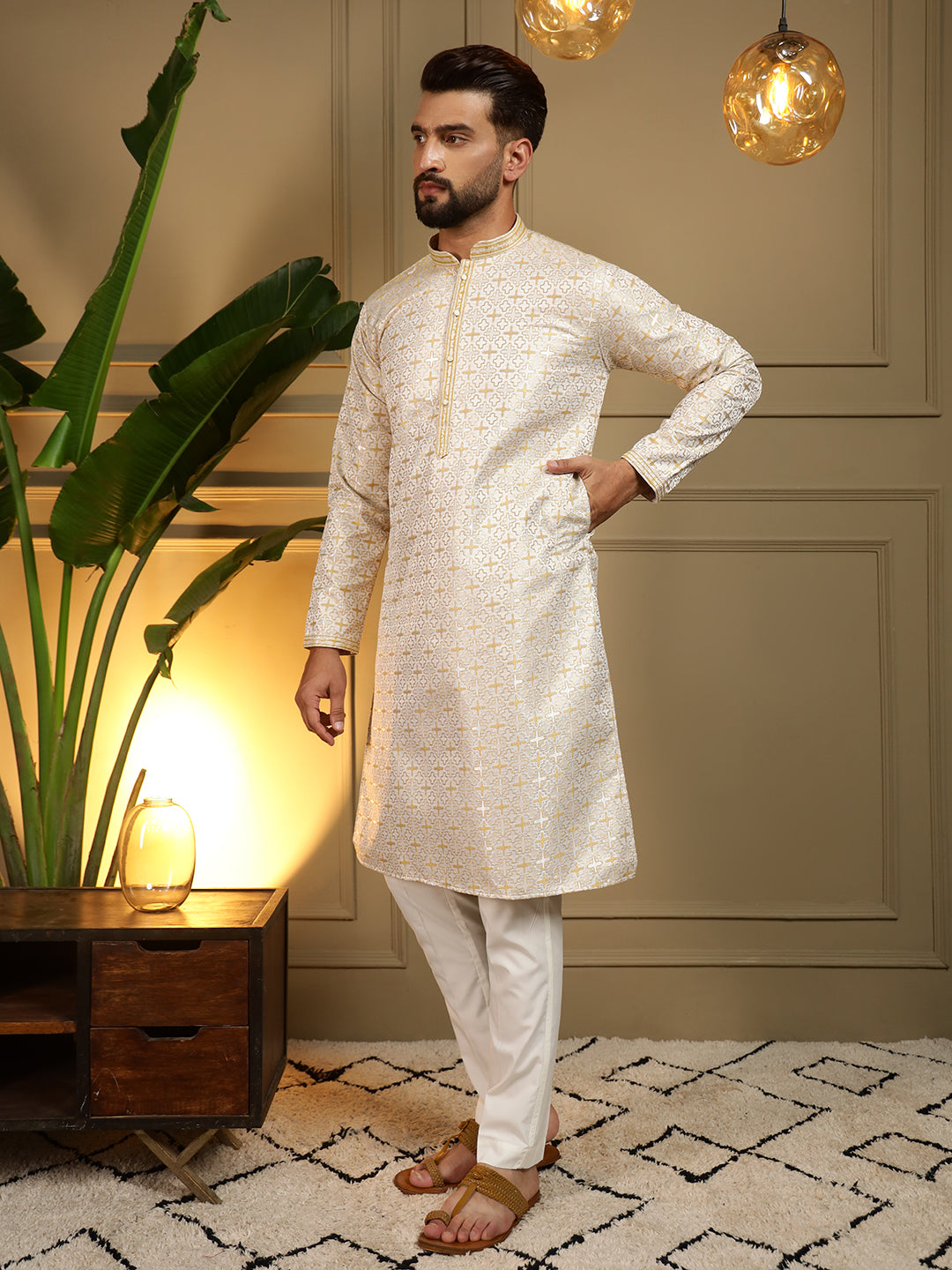 Jyoti Fashion Men's Mustard Jacquard Woven Kurta with Pajama