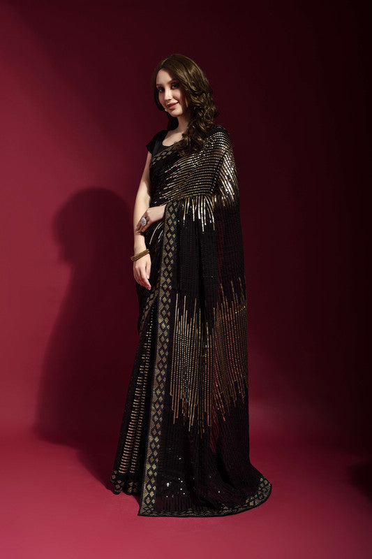 Jyoti Fashion Women's Black Sequence Embroidery Georgette Saree with Blouse