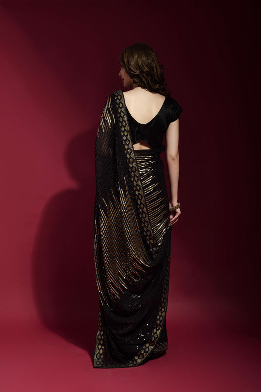 Jyoti Fashion Women's Black Sequence Embroidery Georgette Saree with Blouse