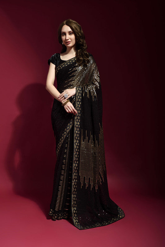 Jyoti Fashion Women's Black Sequence Embroidery Georgette Saree with Blouse