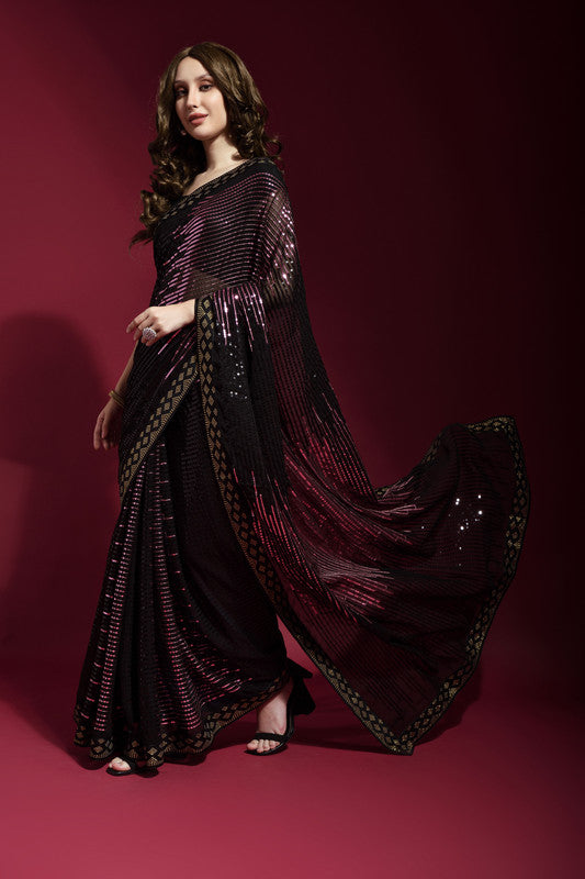 Jyoti Fashion Women's Wine Sequence Embroidery Georgette Saree with Blouse