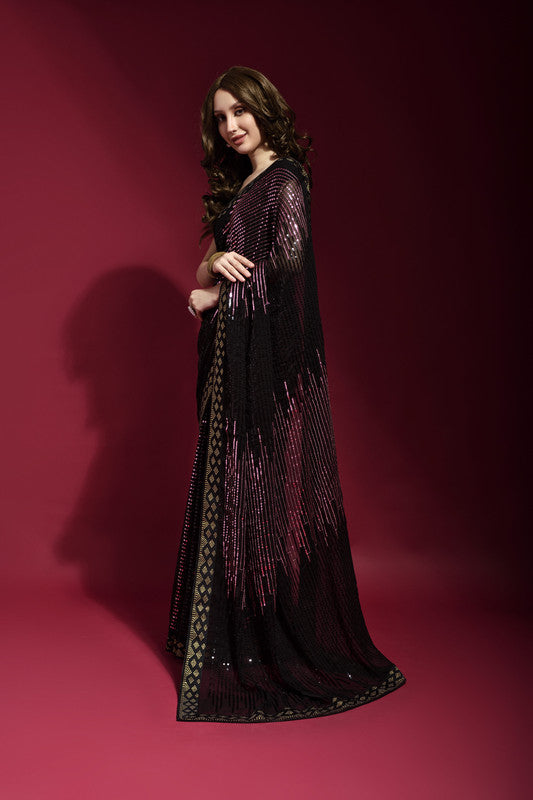 Jyoti Fashion Women's Wine Sequence Embroidery Georgette Saree with Blouse
