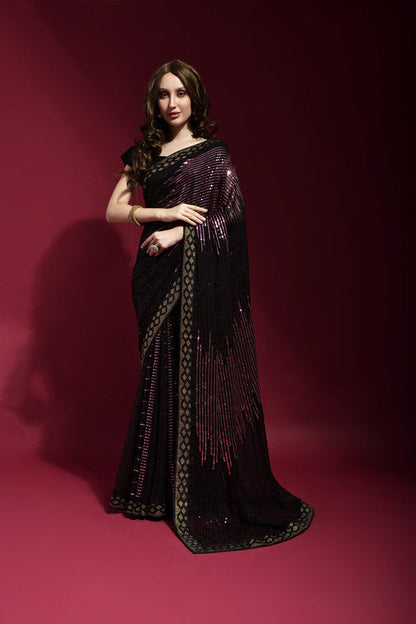 Jyoti Fashion Women's Wine Sequence Embroidery Georgette Saree with Blouse