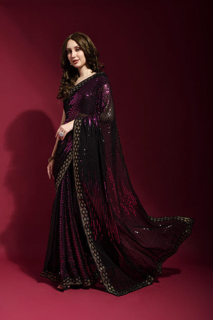 Jyoti Fashion Women's Wine Sequence Embroidery Georgette Saree with Blouse