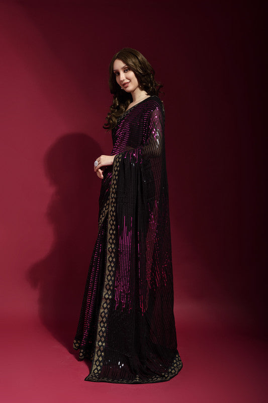 Jyoti Fashion Women's Wine Sequence Embroidery Georgette Saree with Blouse