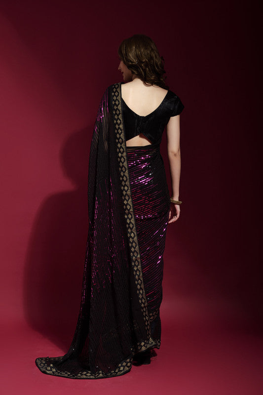 Jyoti Fashion Women's Wine Sequence Embroidery Georgette Saree with Blouse