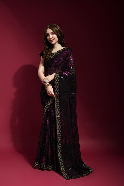 Jyoti Fashion Women's Wine Sequence Embroidery Georgette Saree with Blouse