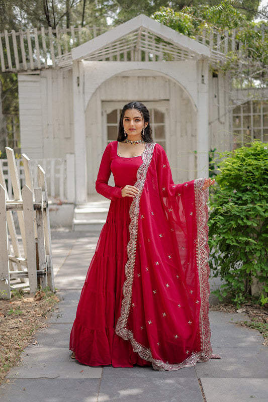 Jyoti Fashion Women's Rani Pink Faux Georgette 5 Layer Frill Anarkali Dress with Dupatta