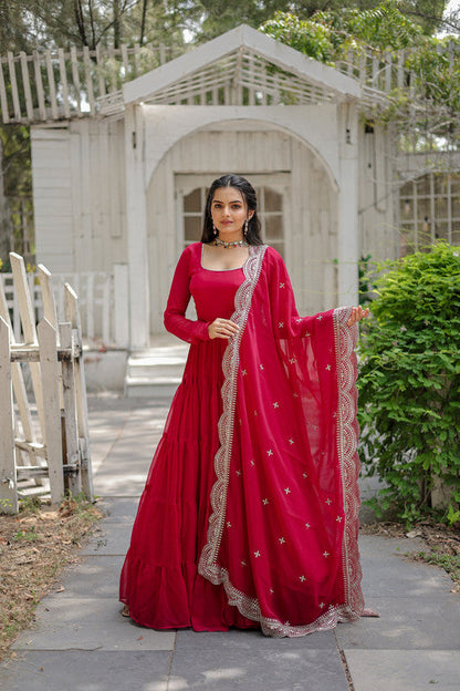 Jyoti Fashion Women's Rani Pink Faux Georgette 5 Layer Frill Anarkali Dress with Dupatta