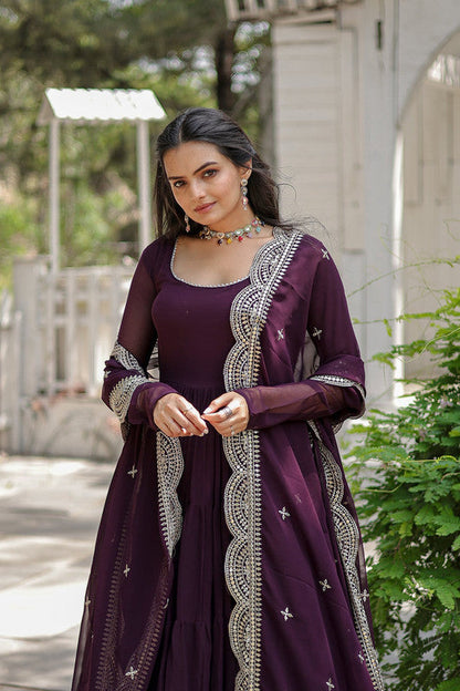 Jyoti Fashion Women's Purple Faux Georgette 5 Layer Frill Anarkali Dress with Dupatta