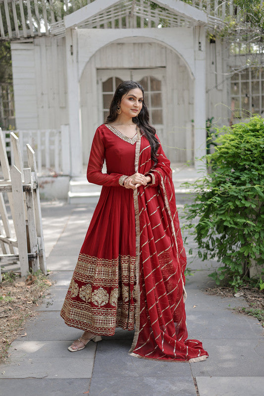 Jyoti Fashion Women's Maroon Faux Blooming Sequins Embroidery Anarkali Dress with Dupatta