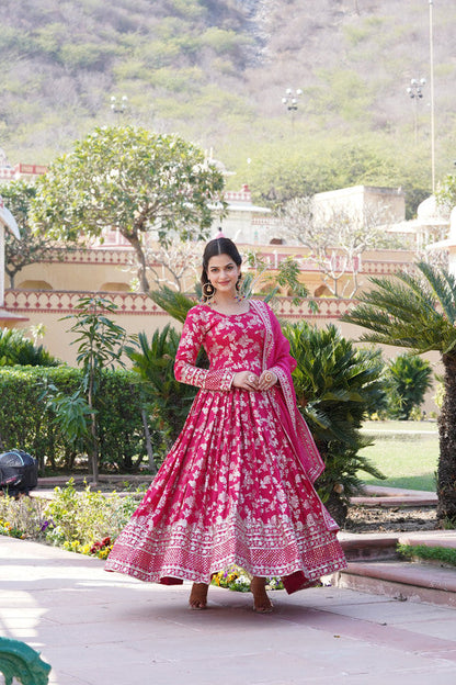 Jyoti Fashion Women's Pink Viscose Jacquard with Sequins Embroidered Anarkali Dress with Dupatta