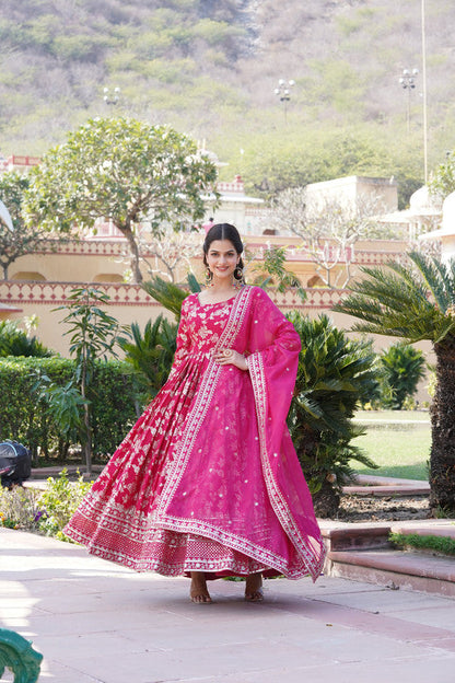 Jyoti Fashion Women's Pink Viscose Jacquard with Sequins Embroidered Anarkali Dress with Dupatta