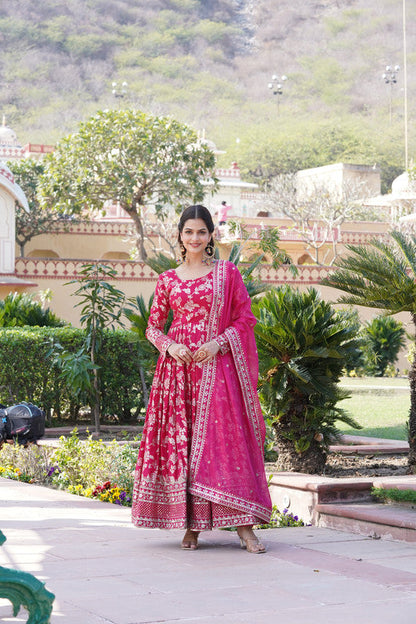 Jyoti Fashion Women's Pink Viscose Jacquard with Sequins Embroidered Anarkali Dress with Dupatta