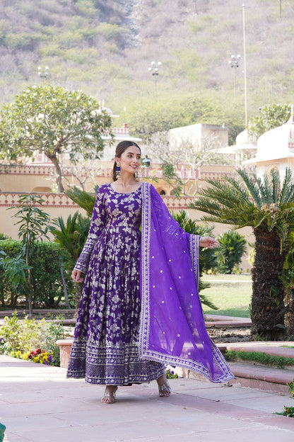 Jyoti Fashion Women's Purple Viscose Jacquard with Sequins Embroidered Anarkali Dress with Dupatta