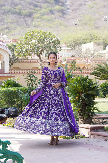 Jyoti Fashion Women's Purple Viscose Jacquard with Sequins Embroidered Anarkali Dress with Dupatta
