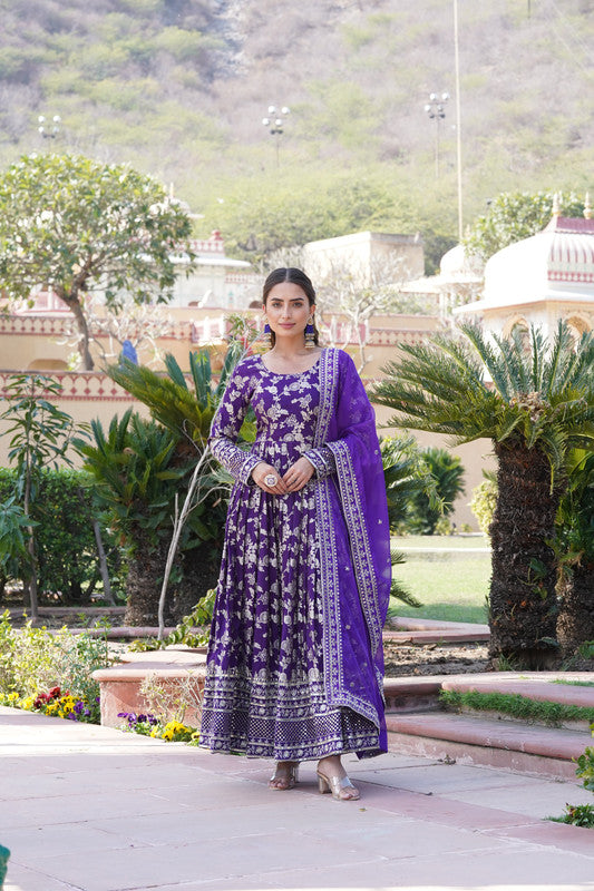 Jyoti Fashion Women's Purple Viscose Jacquard with Sequins Embroidered Anarkali Dress with Dupatta