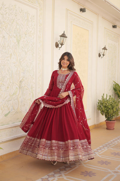Jyoti Fashion Women's Maroon Silver Faux Blooming Sequins Embroidered Partywear Anarkali Dress with Dupatta