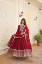 Jyoti Fashion Women's Maroon Silver Faux Blooming Sequins Embroidered Partywear Anarkali Dress with Dupatta