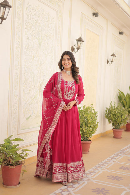 Jyoti Fashion Women's Rani Pink Faux Blooming Sequins Embroidered Partywear Anarkali Dress with Dupatta