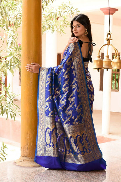 Joban Fashion Ink Blue Banarasi Soft Pure Handloom Banarasi Silk Saree
