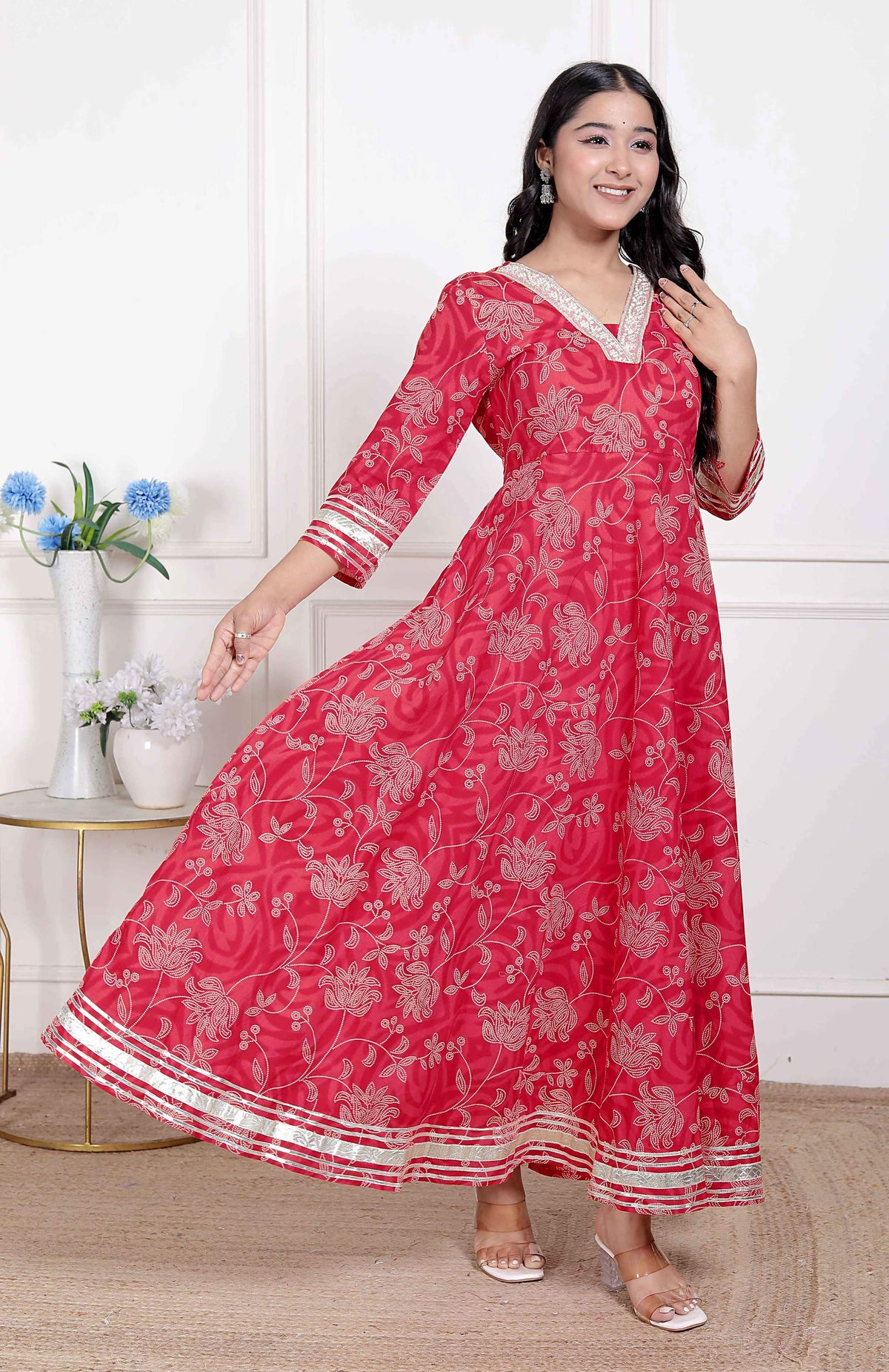 Miravan Women's Red Jaipuri Printed Cotton Ethnic Anarkali Kurta