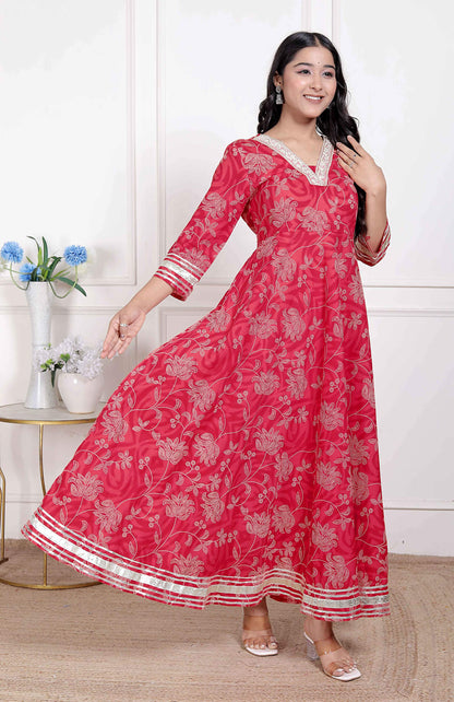 Miravan Women's Red Jaipuri Printed Cotton Ethnic Anarkali Kurta