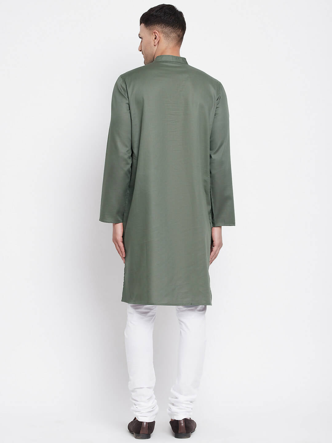 Even Apparels Green Color Linen Men's Kurta With Band Collar