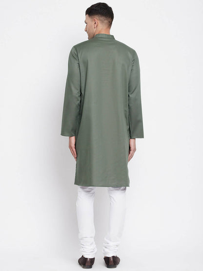 Even Apparels Green Color Linen Men's Kurta With Band Collar