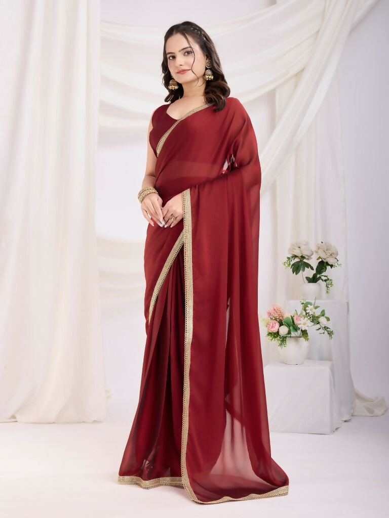 Maroon Rangoli Silk Solid, Lace Border Ready To Wear Saree - Kashvi
