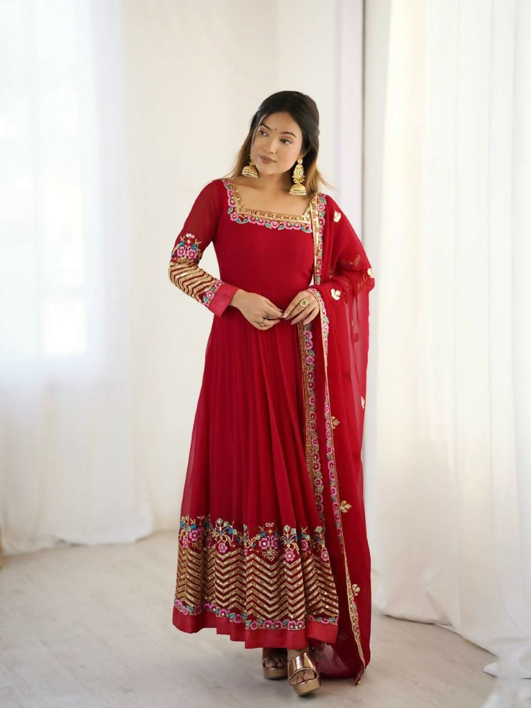 Teeya Creation Red Color Heavy Georgette Wedding Wear Embroidery Work Long Gown