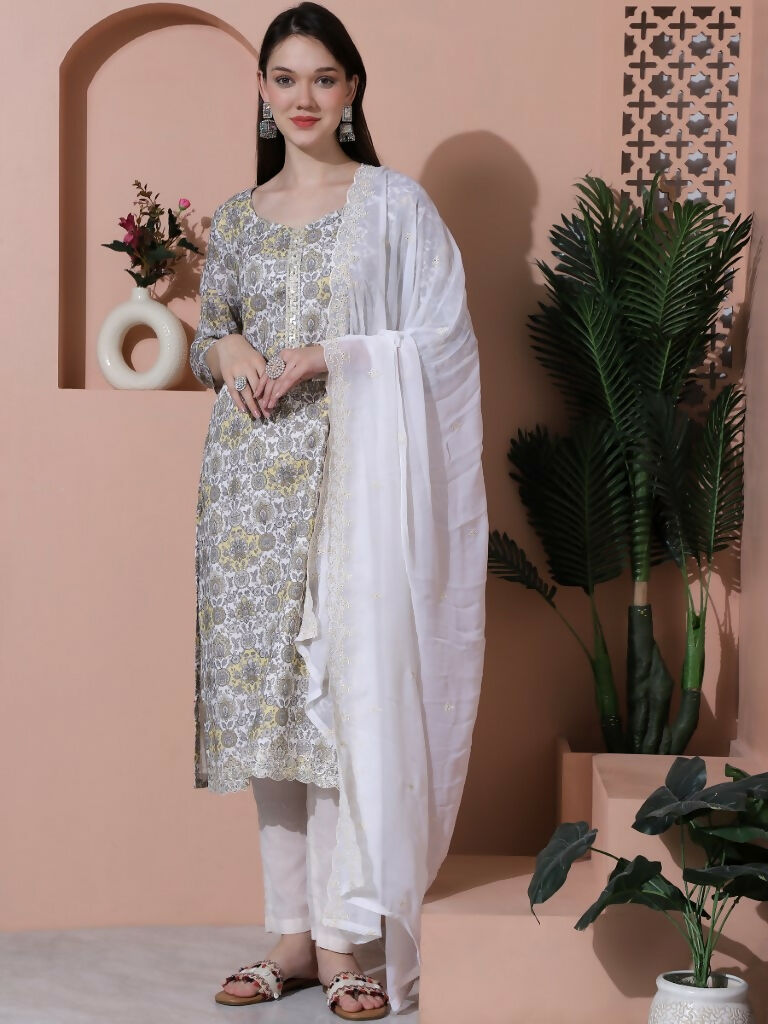 Jyoti Fashion Women's Off White Cotton Floral Digital Printed Kurta with Trouser & Dupatta