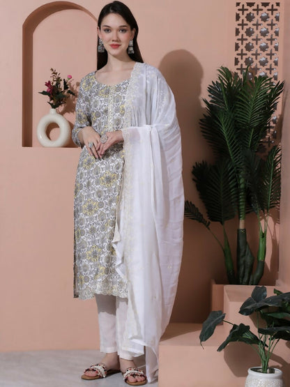 Jyoti Fashion Women's Off White Cotton Floral Digital Printed Kurta with Trouser & Dupatta