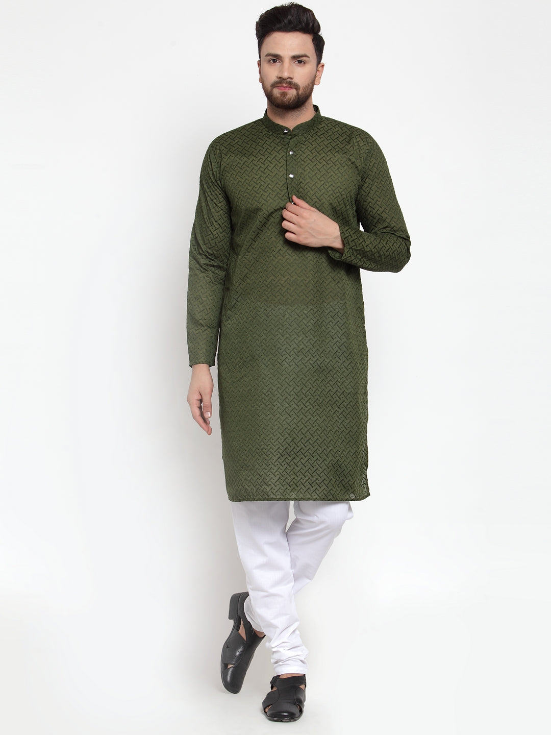 Jompers Men Olive Green Chikan Kurta with Churidar