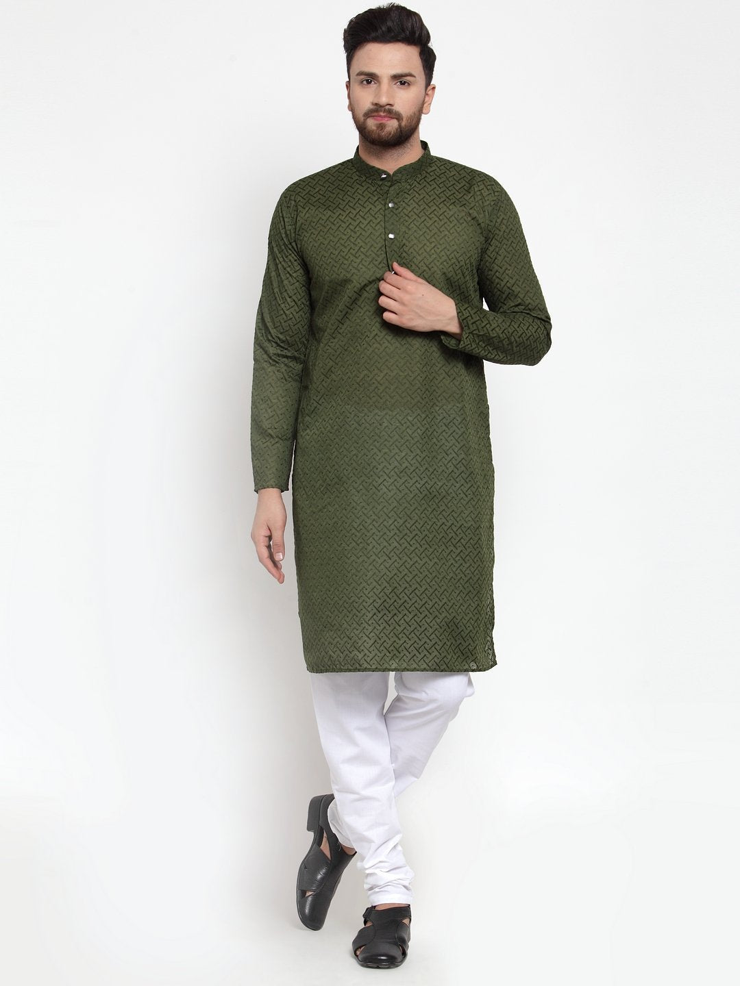 Jompers Men Olive Green Chikan Kurta Only