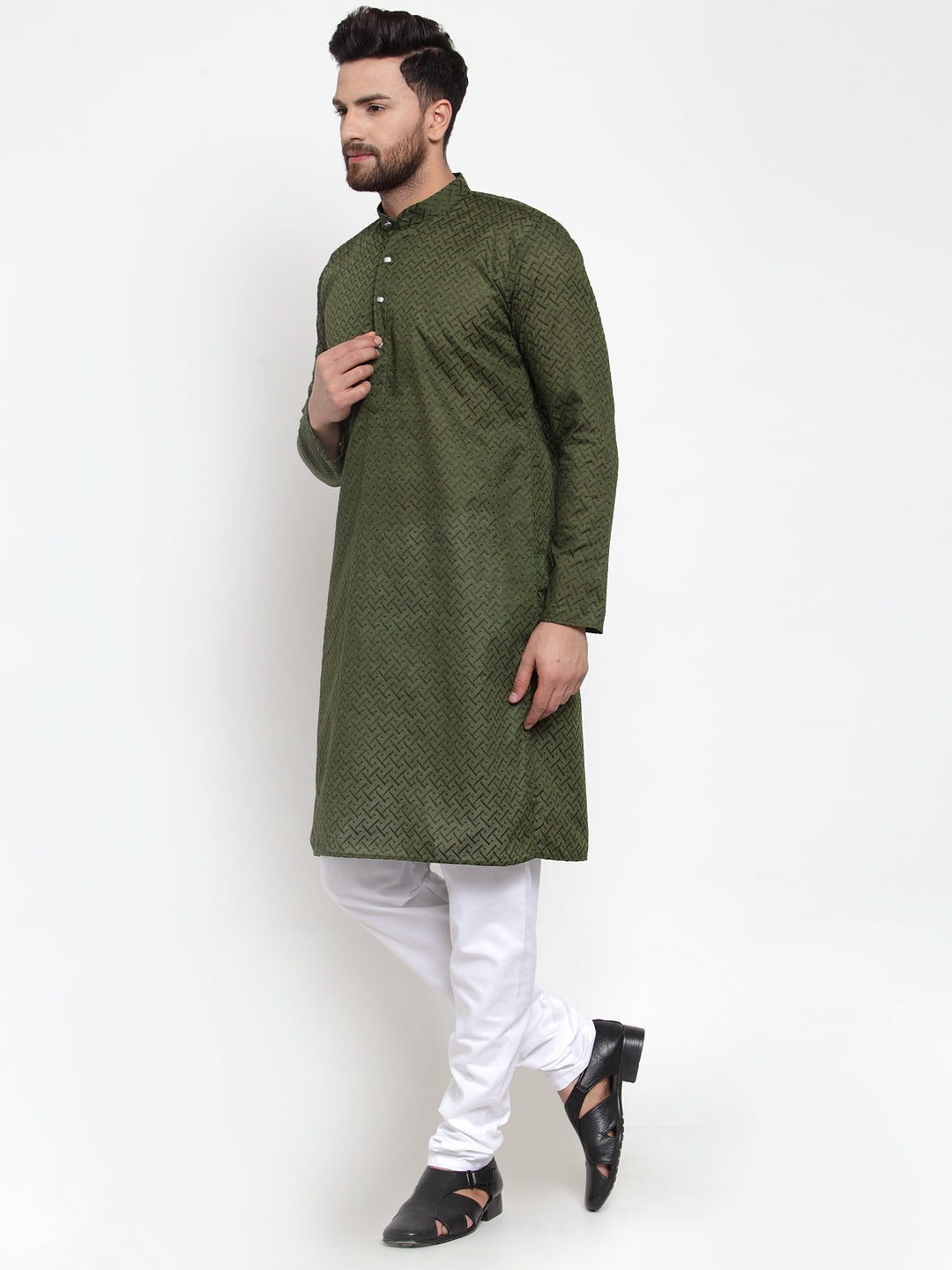 Jompers Men Olive Green Chikan Kurta with Churidar