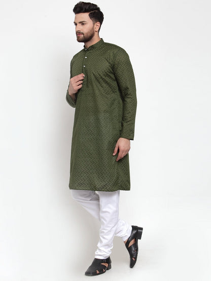 Jompers Men Olive Green Chikan Kurta Only