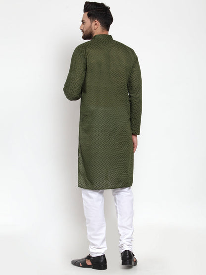 Jompers Men Olive Green Chikan Kurta with Churidar