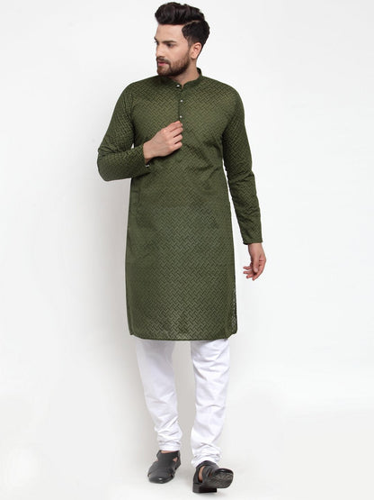 Jompers Men Olive Green Chikan Kurta Only