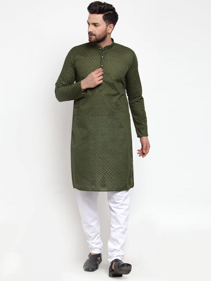 Jompers Men Olive Green Chikan Kurta with Churidar