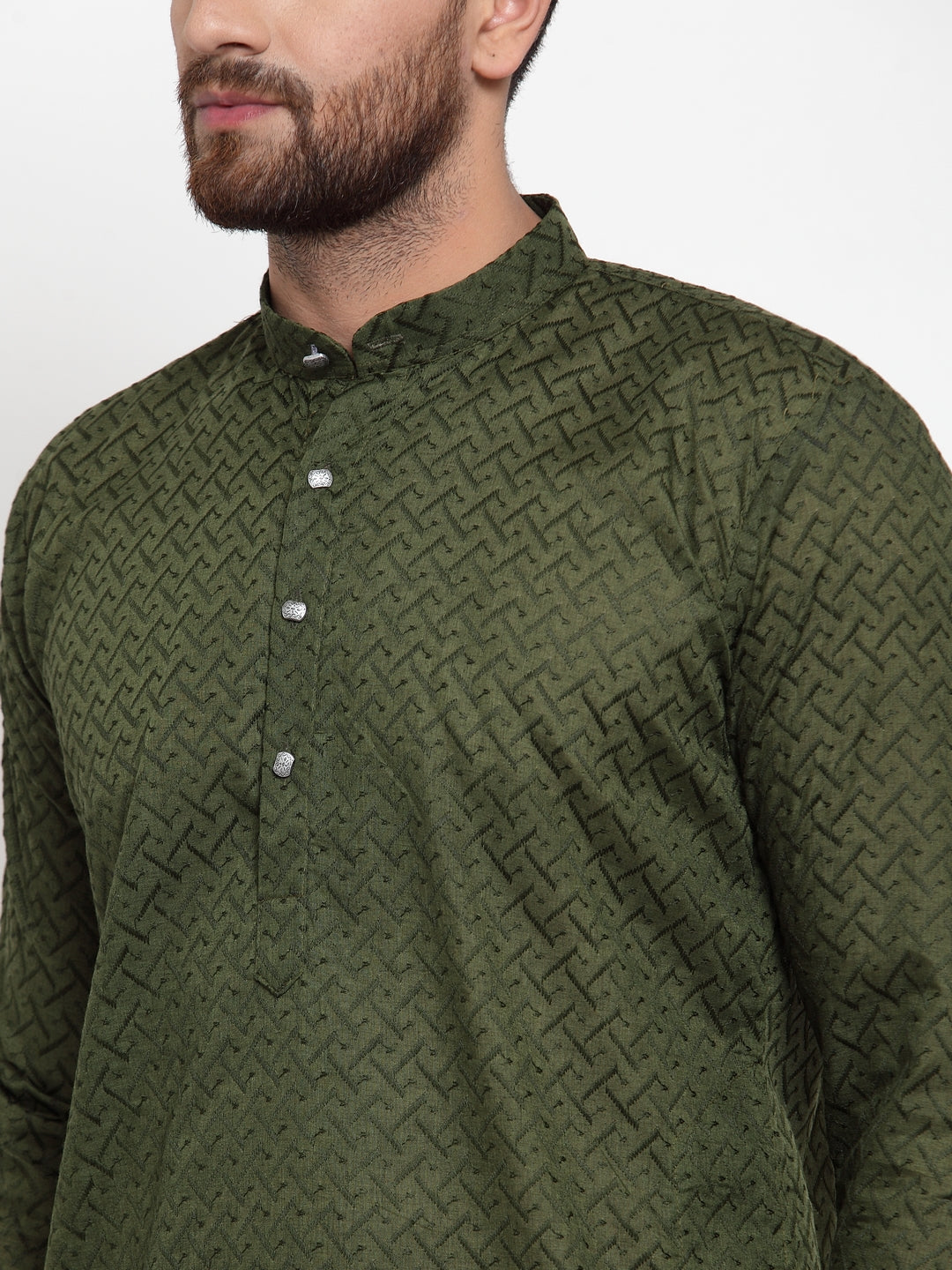 Jompers Men Olive Green Chikan Kurta with Churidar