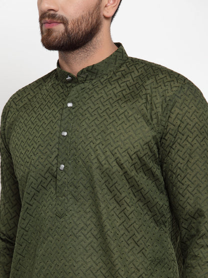 Jompers Men Olive Green Chikan Kurta with Churidar
