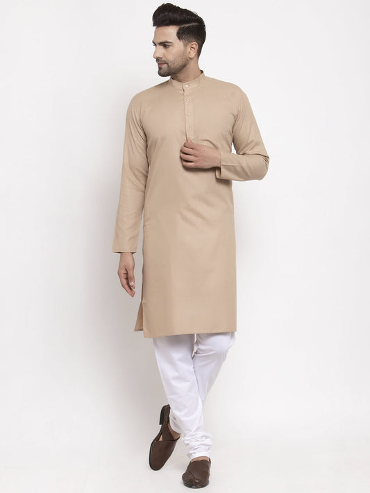 Jompers Men Light-Brown & White Solid Kurta with Churidar